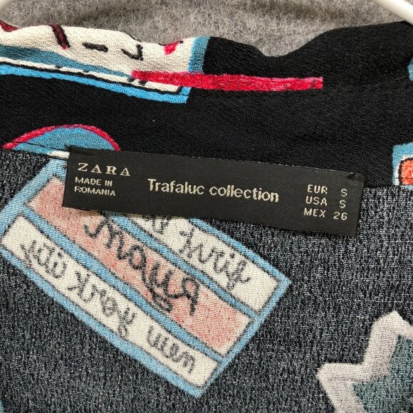 Zara Mini Shirt Dress Size S Black Multicolor Boy Names Graphic Rayon Artsy - Picture 7 of 11